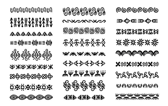 African tribal borders and patterns, ethnic ornamental trim and horizontal ribbon dividers with arrows, spirals and geometric motifs, black hand drawn vector border collection