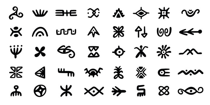 African tribal symbols and glyphs, ethnic folk marks with eye, arrow, flower and spiral motifs, black hand drawn mystical signs, primitive ornamental vector icon collection