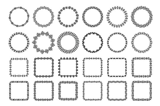 African tribal frames and wreath borders, ethnic circular and square ornamental vector collection with geometric motifs, hand drawn black decorative frames and labels