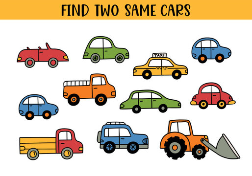 Find two same cars worksheet for preschool kids, colorful vehicle matching game with taxi, pickup, tractor and cartoon cars, educational transport puzzle for children