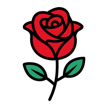 A red rose with nested petals and a thick black outline featuring a dark stem and two green leaves on a solid white background.