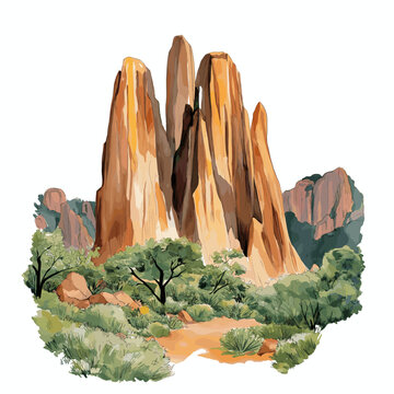 Sindou Peaks. Sindou Peaks hand drawn watercolor illustration on white background