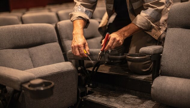 Worker installing accessible cinema seating fastening specialized armrests on risers medium shot capturing precision and blurred surrounding seats.