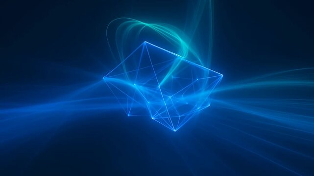 Abstract blue geometric cube with glowing light trails, futuristic digital data network visualization, neon wireframe structure on dark background