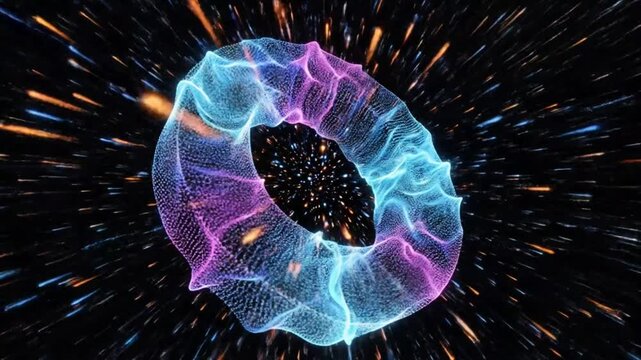 Abstract futuristic wormhole or torus shape with vibrant iridescent colors and space background