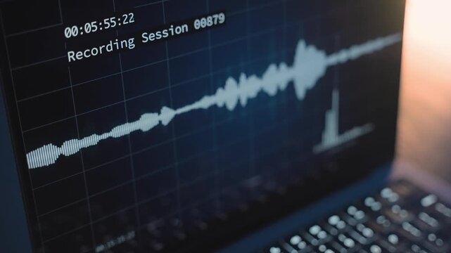 Audio waveforms playing on laptop computer screen at night wiretap illegal activity of criminal organization investigation by police or spy agency. Hacker stealing private data listens to conversation