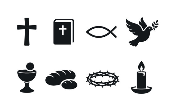 Spiritual Christian Elements. Filled icon set of Spiritual Christian Elements: cross, holy bible, ichthys