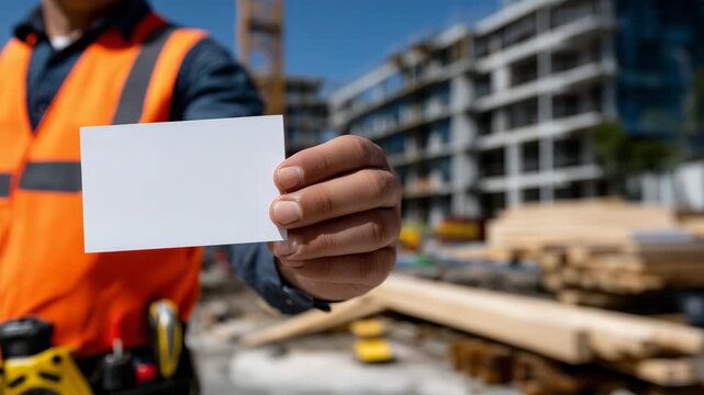 Wide bright perspective of a faceless construction worker from behind at an active site, arm reaching forward presenting a blank business card, construction tools, lumber, and scaf