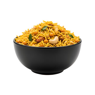 Traditional Indian Namkeen mixture in black bowl, spicy Bombay mix with nuts and curry leaves, crunchy savory snack isolated on white background