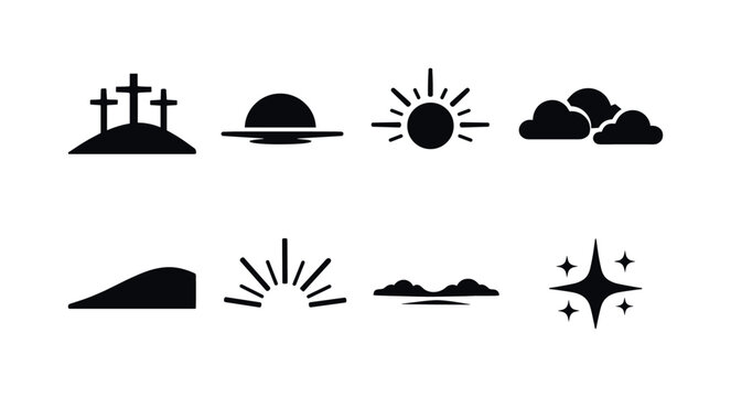 Crucifixion Hill Sunset. Filled icon set of Crucifixion Hill Sunset: three crosses, sunset horizon, sun disk,