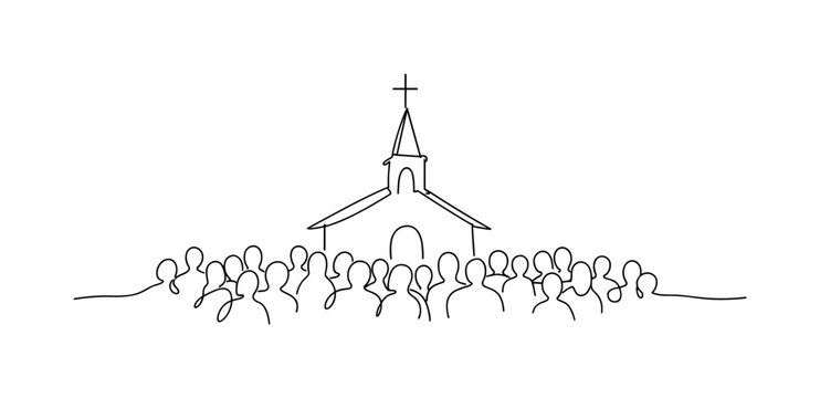 "Easter Church Gathering Scene". Minimalistic one-line drawing crowd assembled in front of a church with