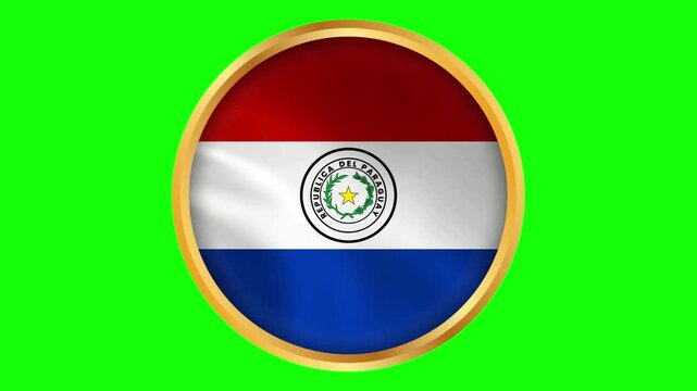Paraguay round framed national wavy flag. Circular blowing flag of Paraguay with golden frame on green screen.