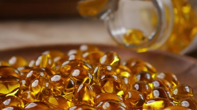 softgel capsules pouring out of opened glass bottle onto wooden plate, supplement herbal extract health concept