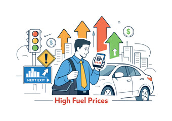 Naklejka premium Expensive daily commute. A person checking fuel prices on a phone while standing next to a car, with city