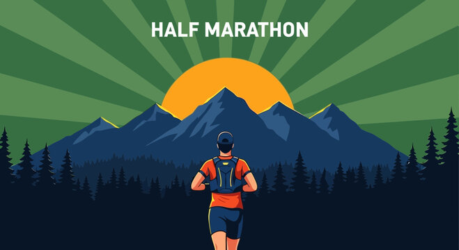 Silhouette Of Marathon Runner With Backpack Approaching a Serene Mountain Sunrise View