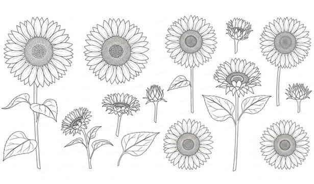 Fine line sunflower clipart set with hand drawn black and white floral elements isolated on white