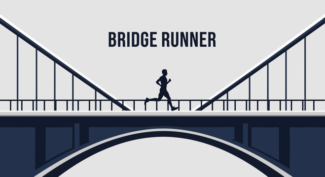 Silhouette Of Person Jogging On Bridge, Vector Illustration Of Cross Structure, Travel Sports