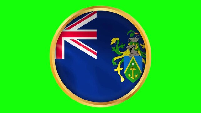 Pitcairn Islands round framed national wavy flag. Circular blowing flag of Pitcairn Islands with golden frame.