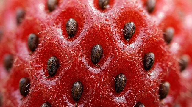 Extreme macro image of a strawberry surface, highlighting individual achenes and fine hairs between them, reflecting light uniquely.