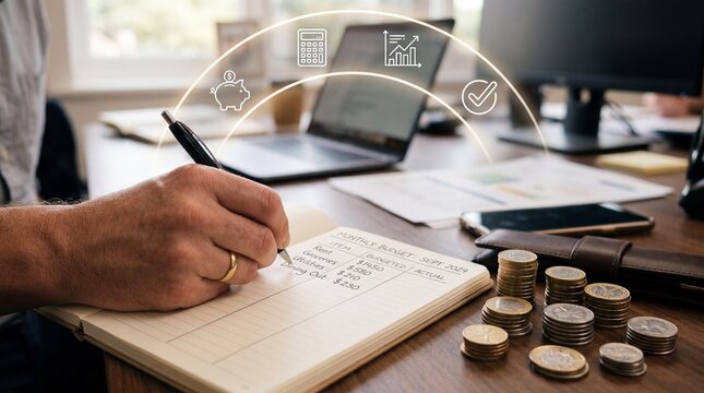 Person writing in notebook with coins and laptop on desk planning finances