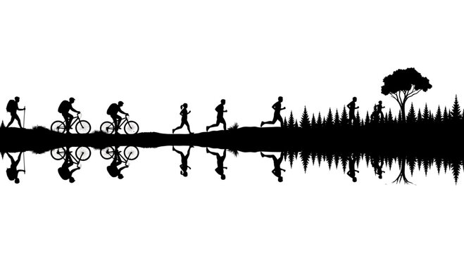 Silhouetted Sporting Activities and Nature's Reflection: A Contrasting Black and White Imagery