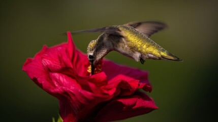 Fototapeta premium A hummingbird is eating from a red flower. The flower is large and has a lot of petals
