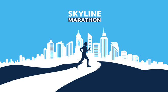 Skyline Marathon Runner Silhouette in Front of Illustrative Cityscape in Blue Tones