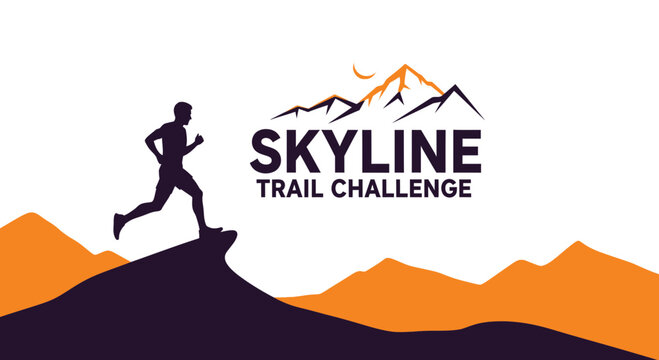 Skyline Trail Challenge Runner Silhouette Reaching Mountain Peaks with Orange and Black Colors