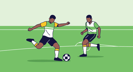 Fototapeta premium Soccer Game Depiction with Players Kicking The Ball on a Lush Green Field