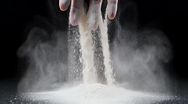 White flour falling from hand on black background, organic wheat powder sifting in slow motion, professional baking ingredient close up