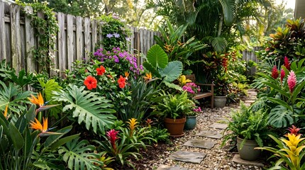 Obraz premium A beautiful, sun-drenched photograph of a meticulously landscaped backyard garden.