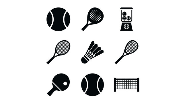 Sporting Equipment Silhouettes: Rackets, Balls, Shuttlecock, Net, and Various Sport Elements