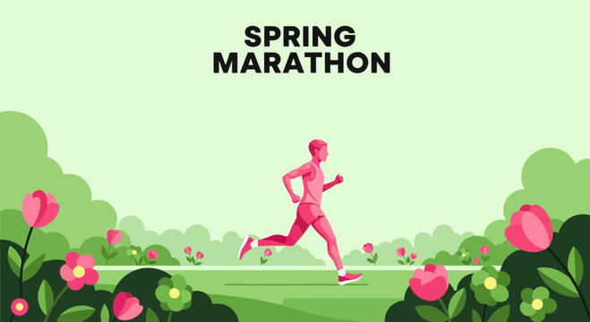 Spring Marathon Runner: A Blooming Seasonal Race Amidst Floral Greenery Illustration