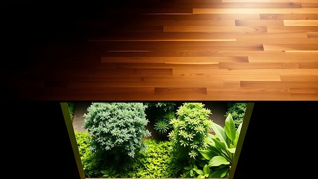 oganesson. A polished wood line divides a dark interior from a bright green garden, sharp contrast. travel magazines, destination branding, designed for travel destination branding.