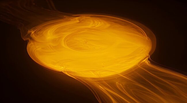 Molten gold liquid flowing in circular motion, glowing hot metal swirl on black background, industrial foundry casting process with orange heat
