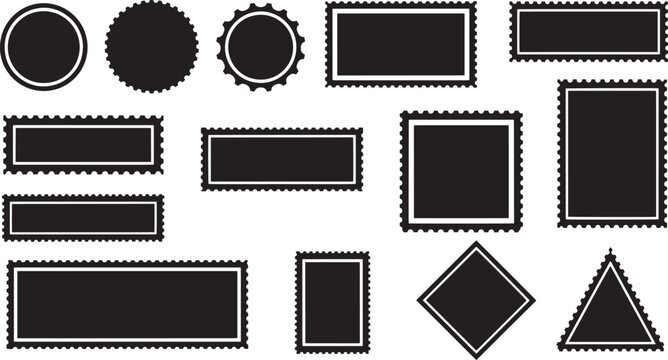 Set of blank black postage stamp frames and postmark silhouettes.

