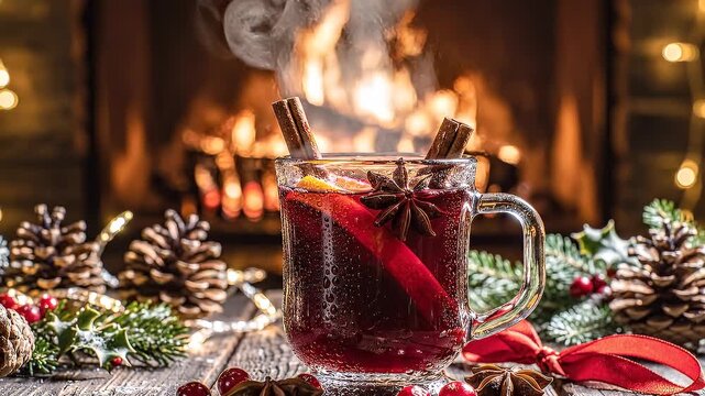 Steaming hot mulled wine with orange and spices in a glass mug. A cozy winter christmas drink on a tray with pine cones. Scene for holiday celebration promotions
