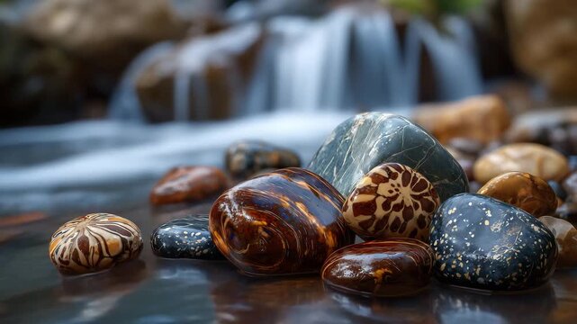 10Macro shot of smooth rounded stones with unique organic patterns formed by minerals and erosion, scattered beside a clear mountain stream on a sunny day, shimmering reflections on