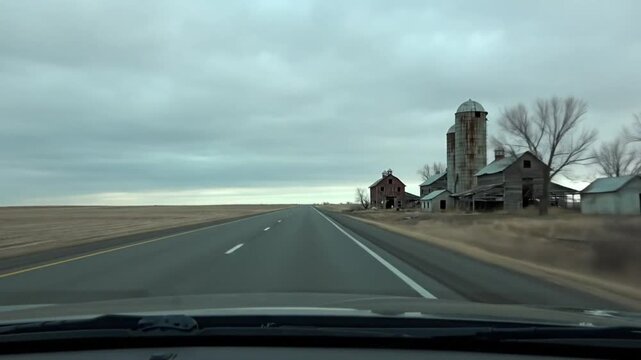 Driving Towards Abandoned Farm Buildings on a Cloudy Day Along a Wide Open Road in the Countryside