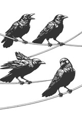Naklejka premium Raven birds perched on wire in detailed engraving line art style, black and white vector illustration set of dark birds in natural poses