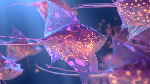 Abstract animation of glowing fish and organic flowing forms in purple tones underwater. Futuristic video visual, ocean themes, digital art