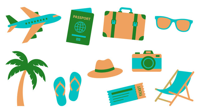 Collection of travel essentials and vacation items including a passport, suitcase, airplane, sunglasses, camera, hat, flip-flops, palm tree, deck chair, and plane ticket symbolizing a holiday getaway
