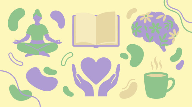 Mental wellness concept with yoga meditation brain health book and self care symbols on yellow background