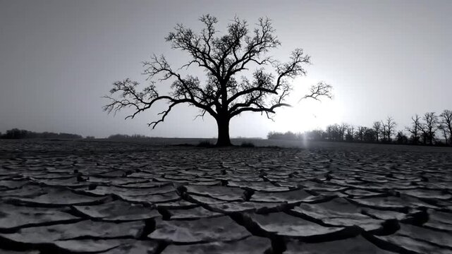 Lone tree silhouette standing in a parched cracked desert landscape under a hazy sky