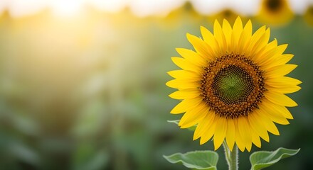 Obraz premium Beautiful blooming yellow sunflower macro in field with blurred green nature background and warm sunlight, vibrant summer agriculture concept