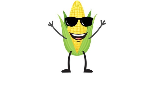 Happy corn cob mascot wearing sunglasses with arms raised

