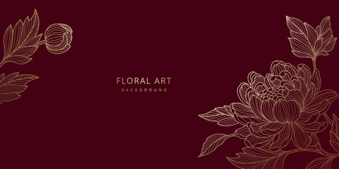 Luxury red background with golden lines of peony flowers and leaves. Floral frame. Vector template for wedding invitations, greeting cards, branding, design, wallpaper © Feodora_21