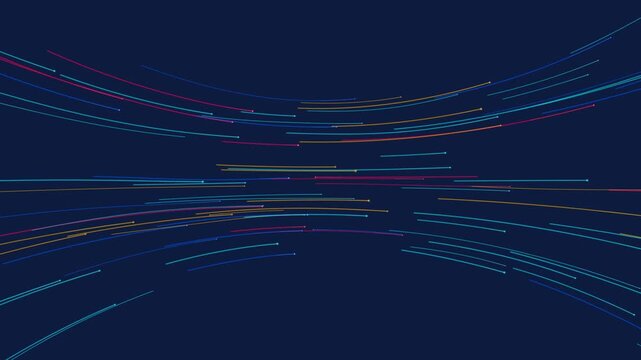 Luminous colorful particle trails accelerate along a curved trajectory to represent high-speed fiber optic data transmission and global network connectivity.