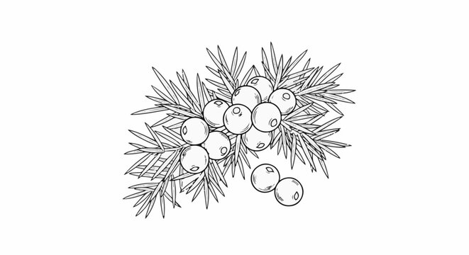 Detailed line drawing of juniper berries and needle-like leaves on branches