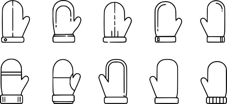 Mitten icon,. Set of mittens icons in flat linear design. Vector illustration. Black icons of winter mittens